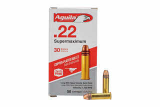 The Aguila 22LR 30gr Copper Plated Solid Point Supermax is the fastest 22LR round on the market delivering a blazing 1,700 fps of muzzle velocity.